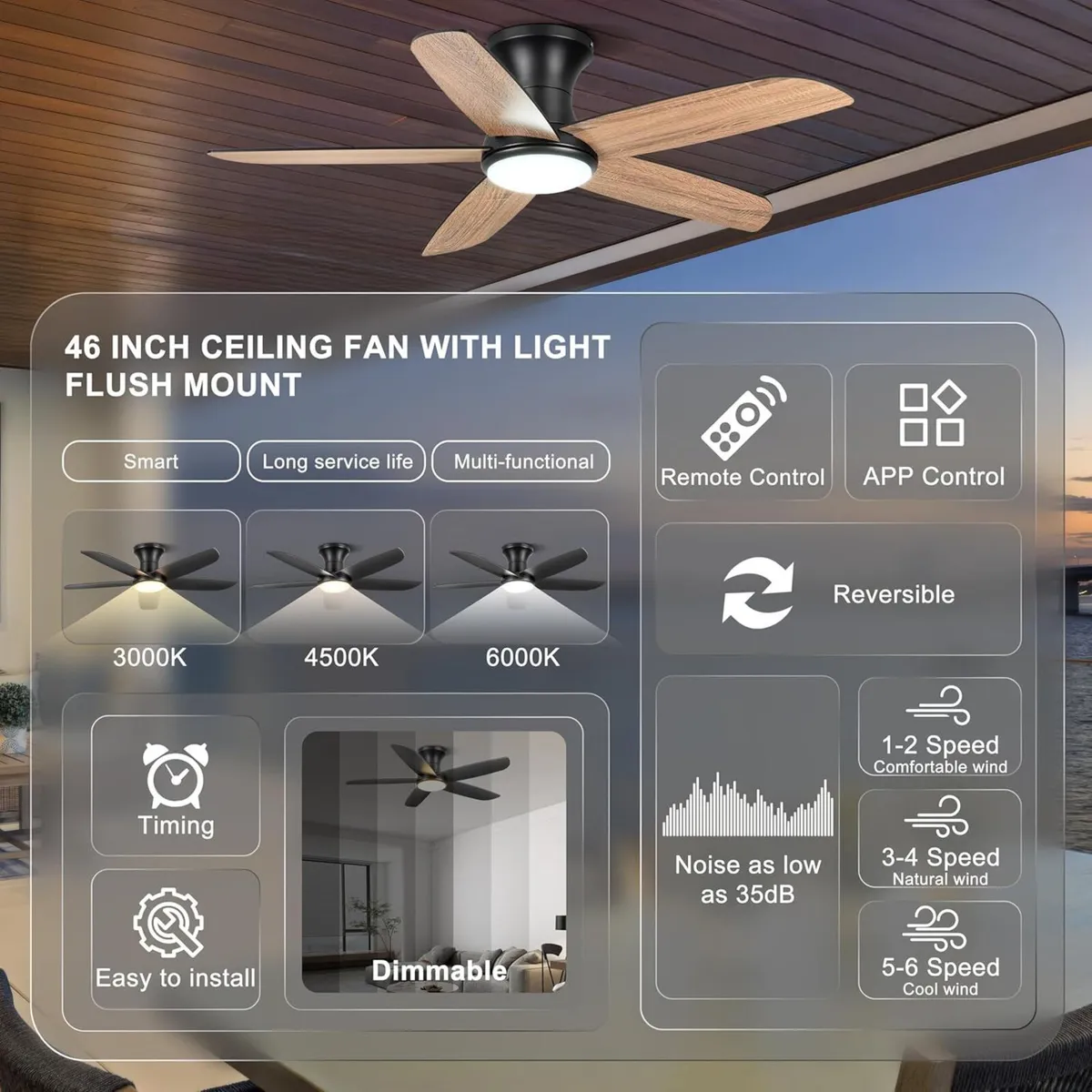 Ceiling Fan with Lights 46 inch Flush Mount Fans - Image 3