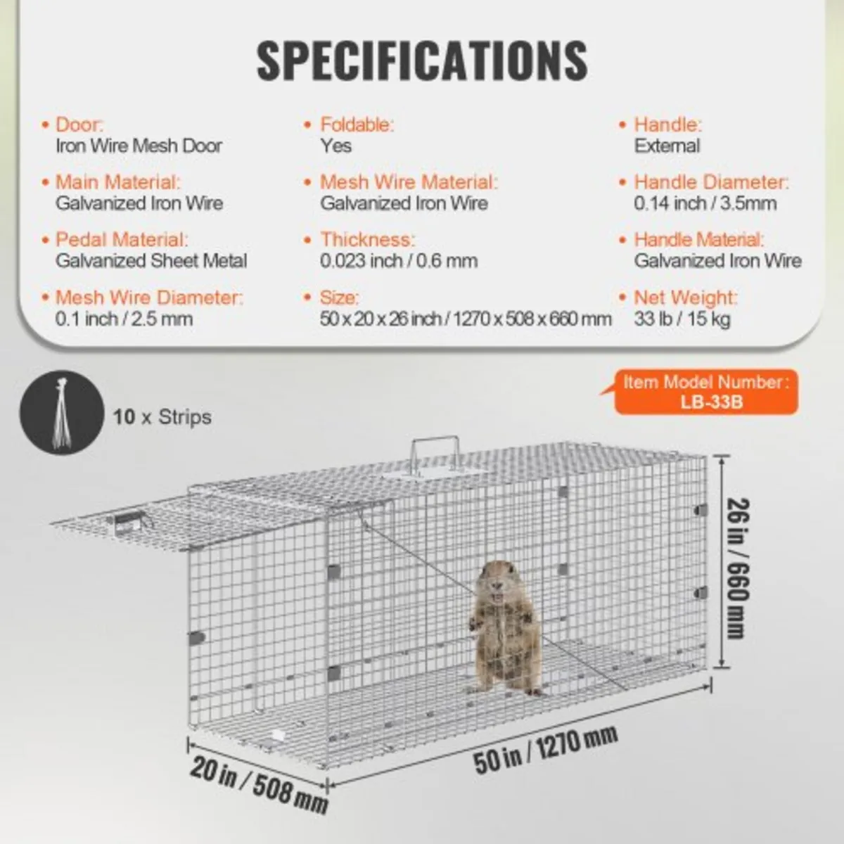 Live Animal Cage Trap, 50" x 20" x 26" Humane Cat - Image 2