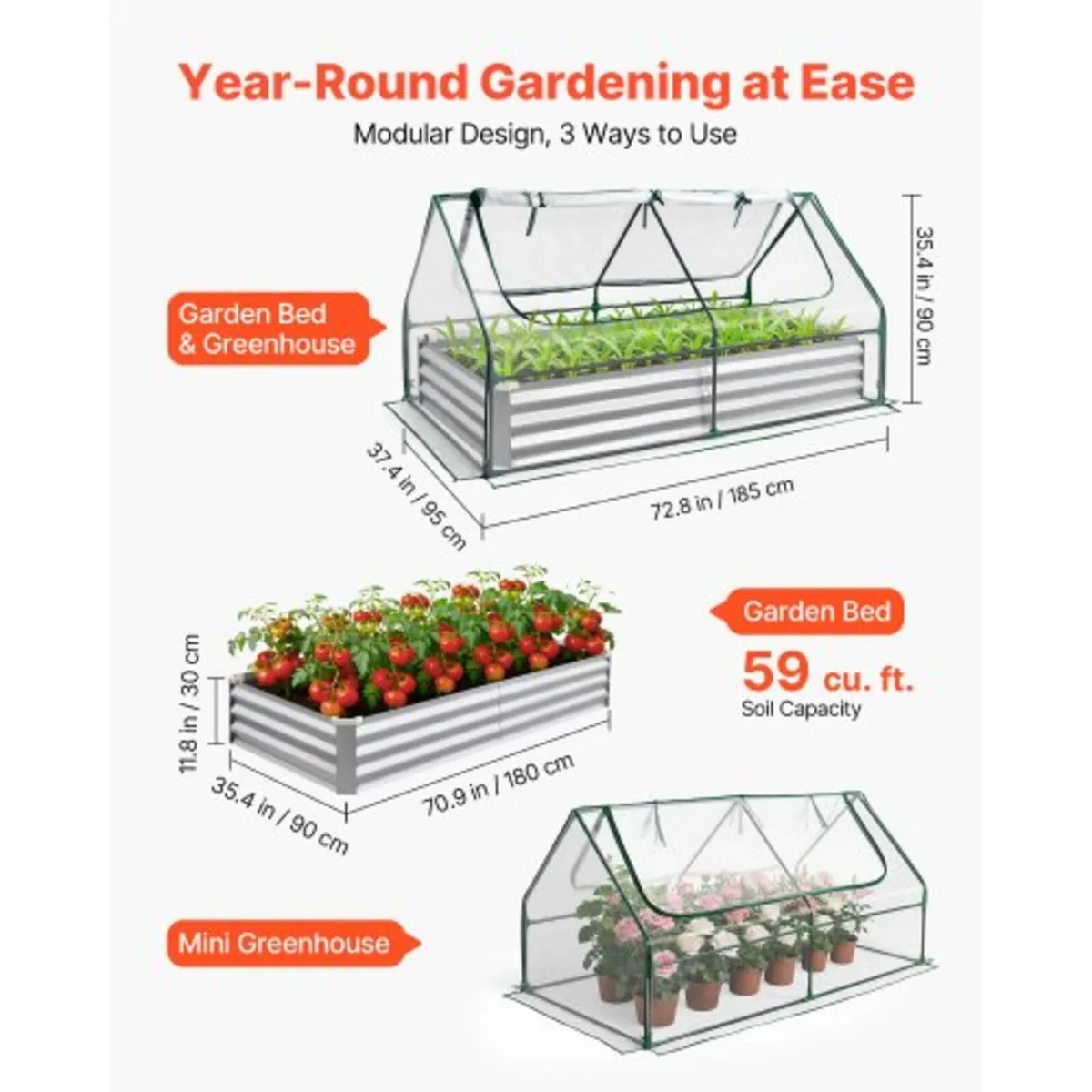 Raised Garden Bed with Cover, 1800 x 900 x 300 mm, - Image 3