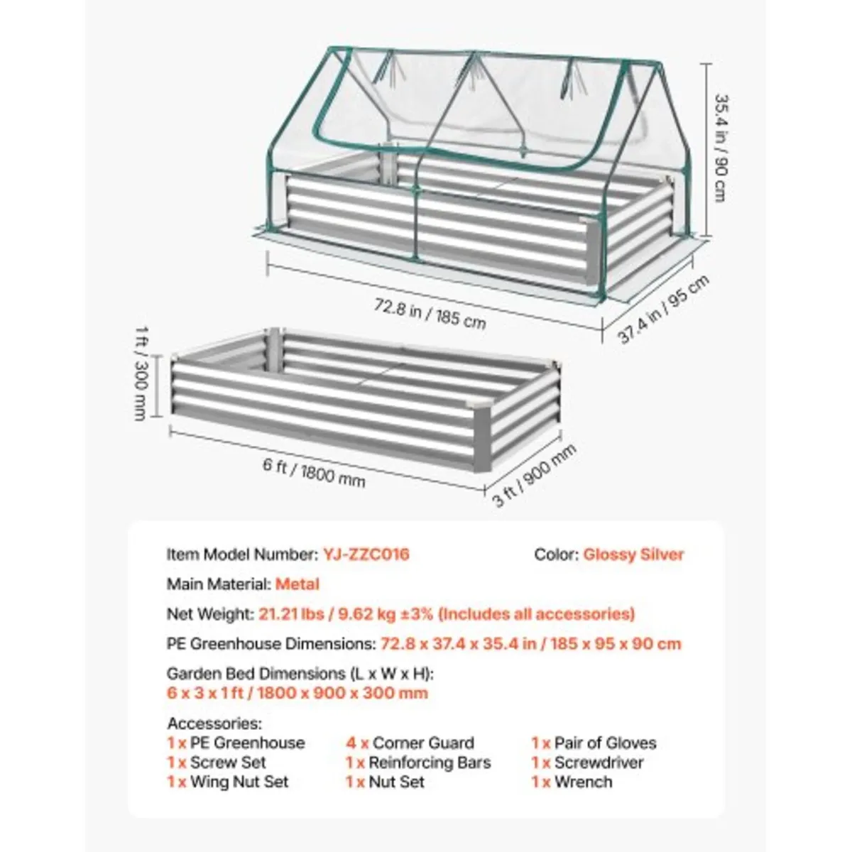 Raised Garden Bed with Cover, 1800 x 900 x 300 mm, - Image 4