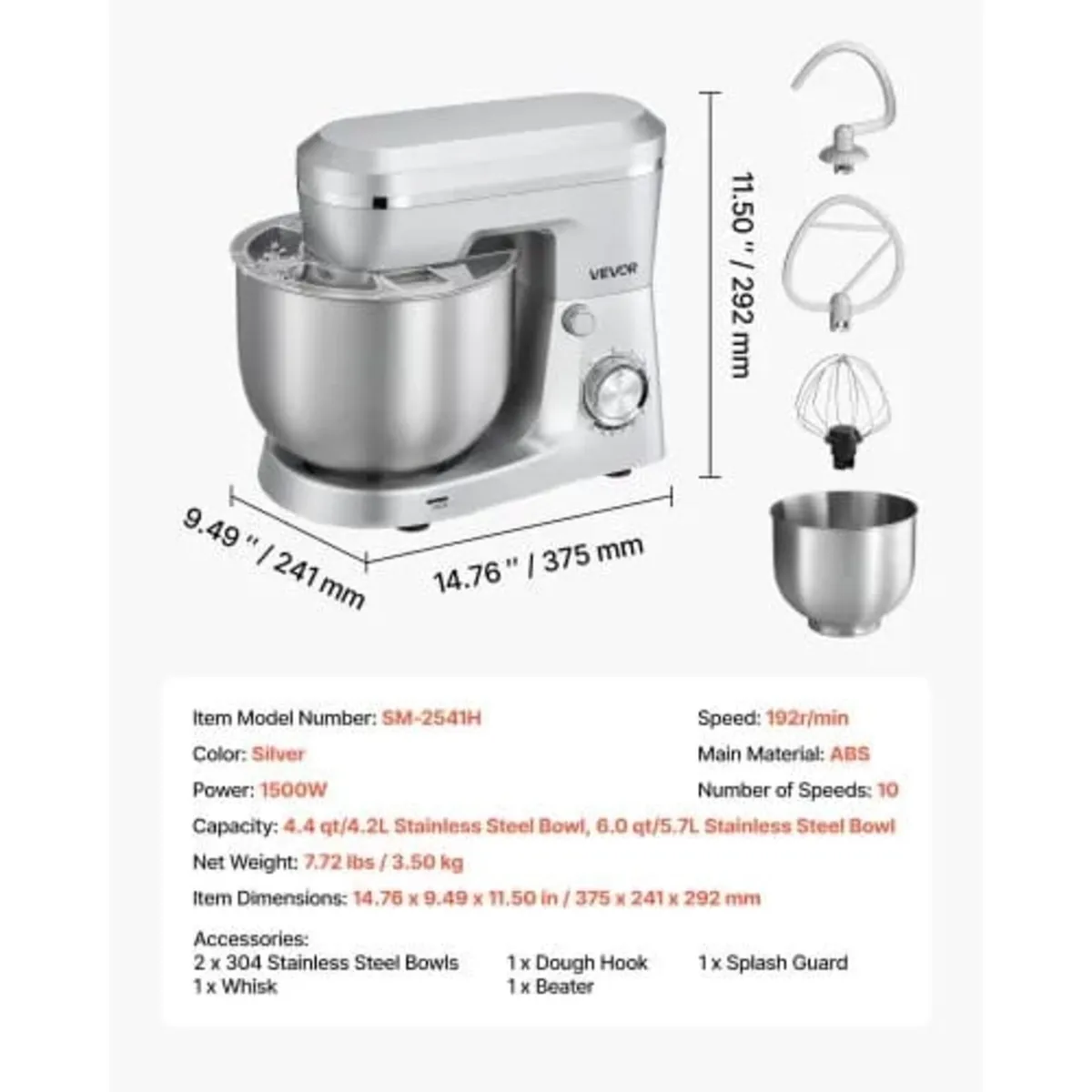 Stand Mixer, 4.2 L+5.7 L Electric Kitchen Mixer, 1 - Image 4