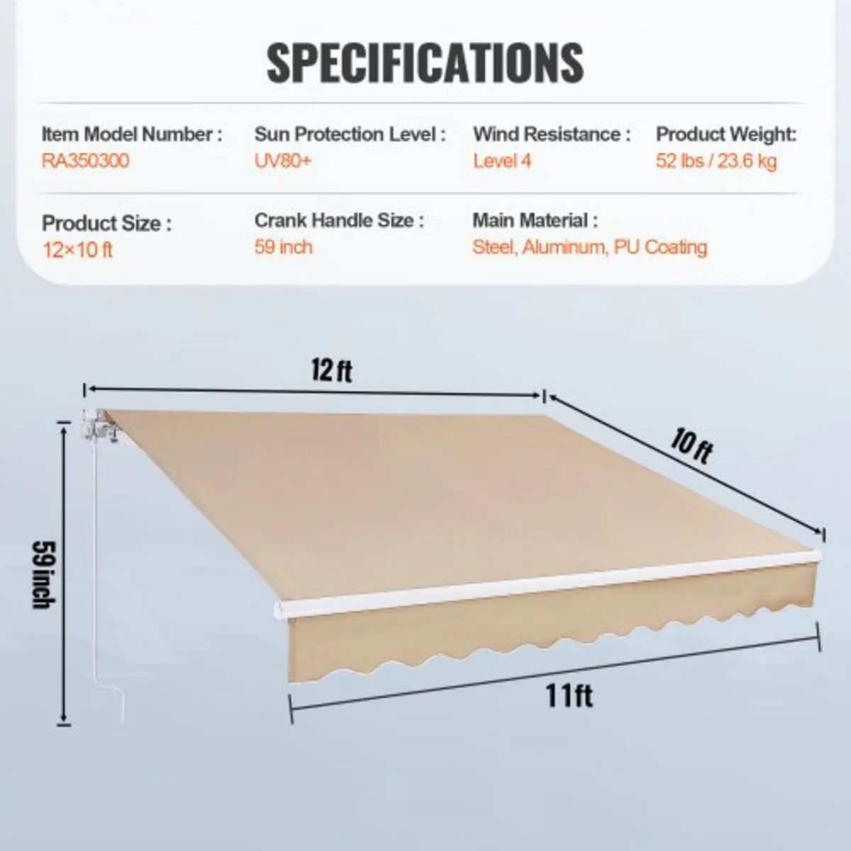 Retractable Awning, 12 x 10 ft Outdoor Patio Awnin - Image 3