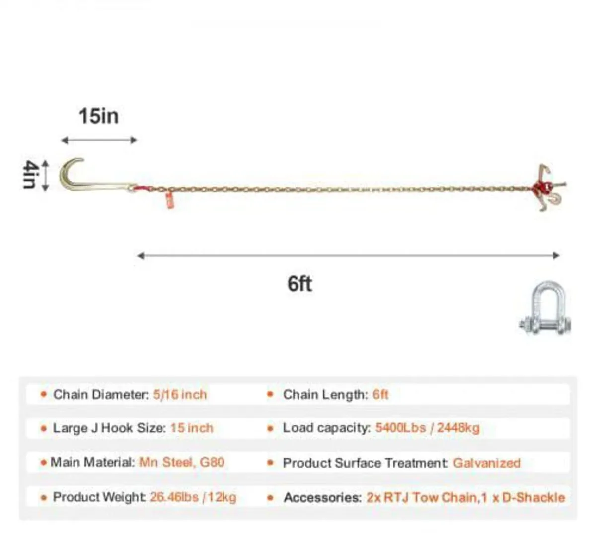 J Hook Chain, 2PCS 5/16" x 6' G80 15" Long Shank J - Image 2