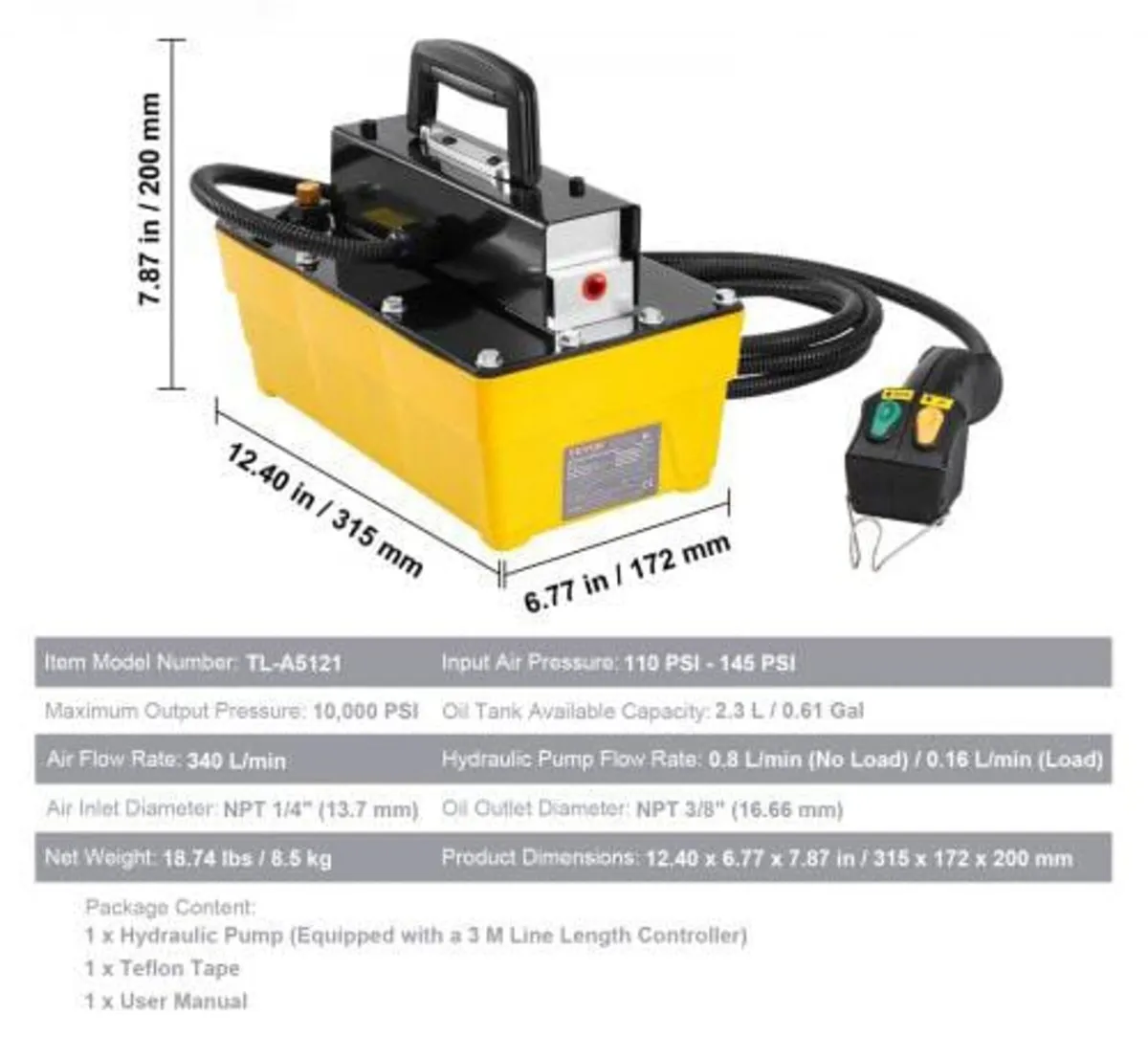689 bar(10,000PSI) Air Hydraulic Pump, 2.3 L(0.61 - Image 4