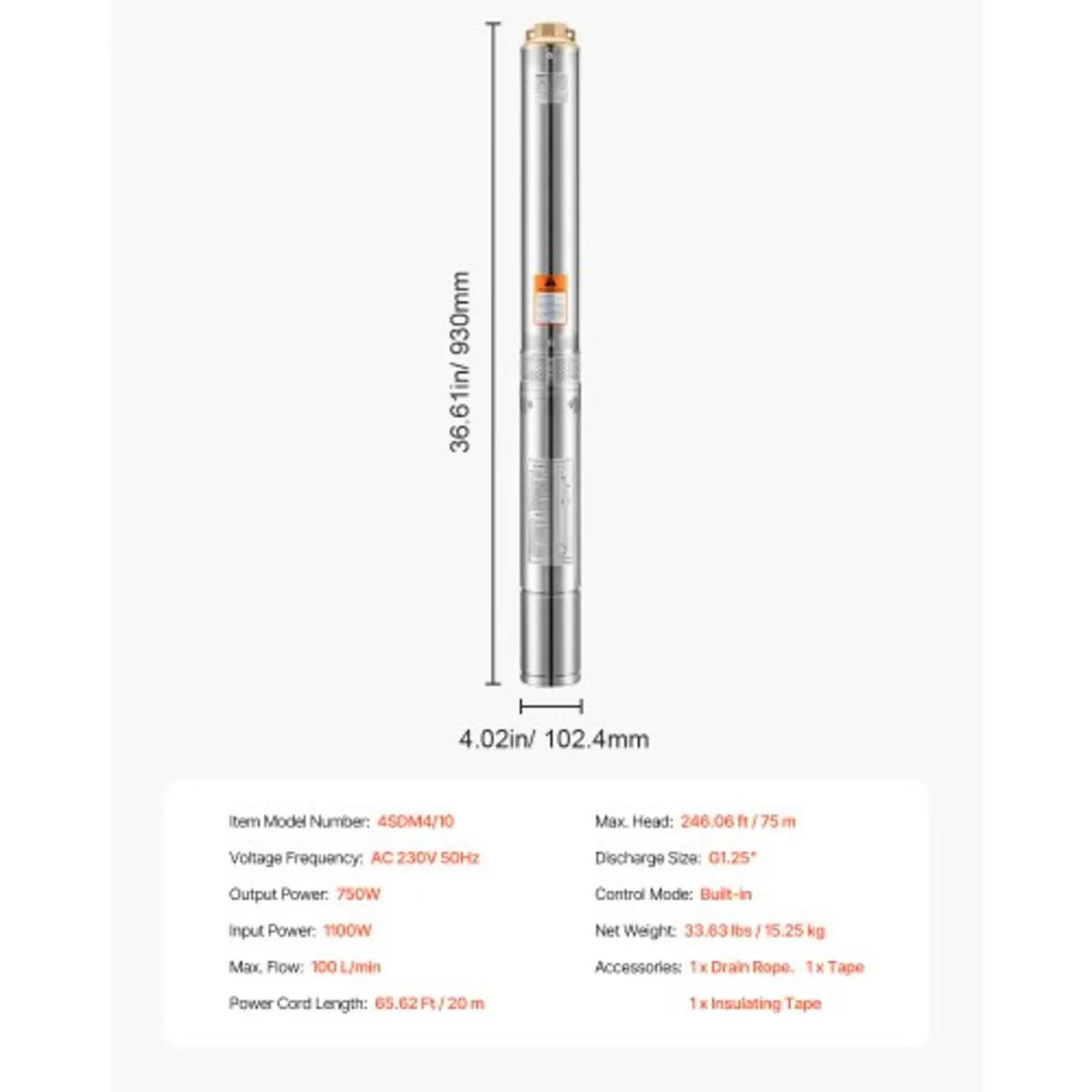 Deep Well Submersible Pump, 1100W Input Power, 230 - Image 2