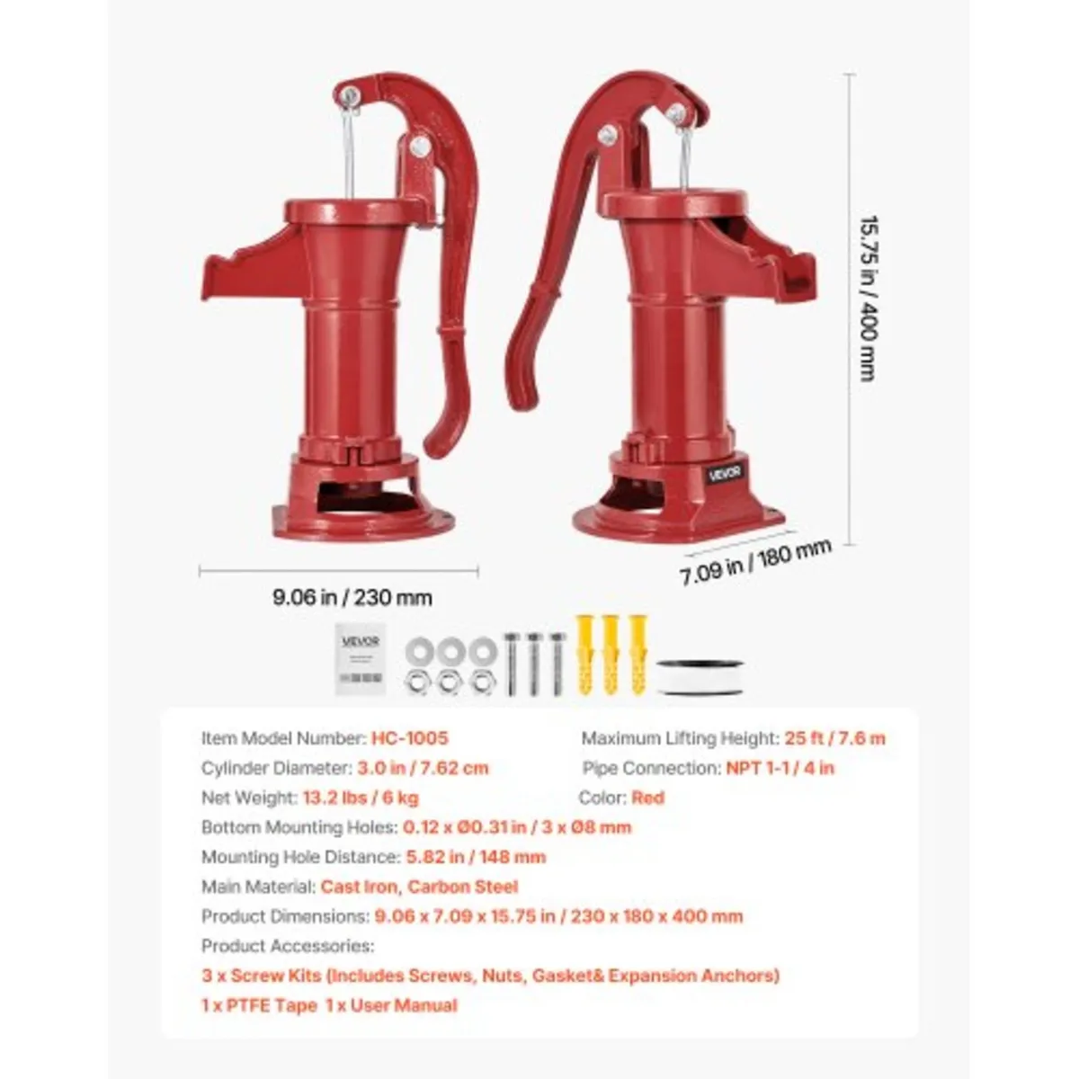 Well Hand Pitcher Pump, 25 ft Maximum Lift, Antiqu - Image 3