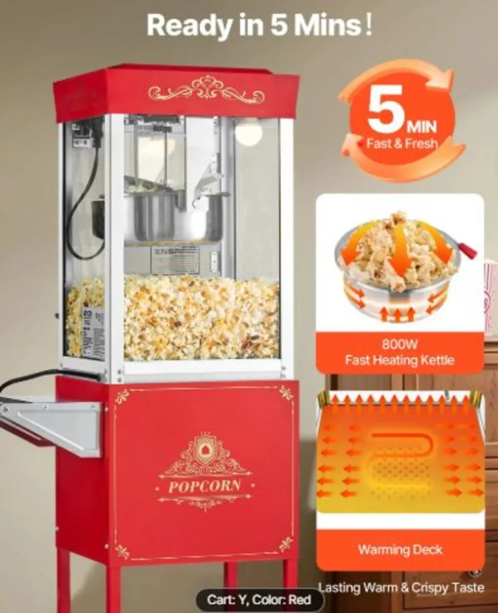 Popcorn Machine with Cart, 0.2kg Stainless Steel - Image 3