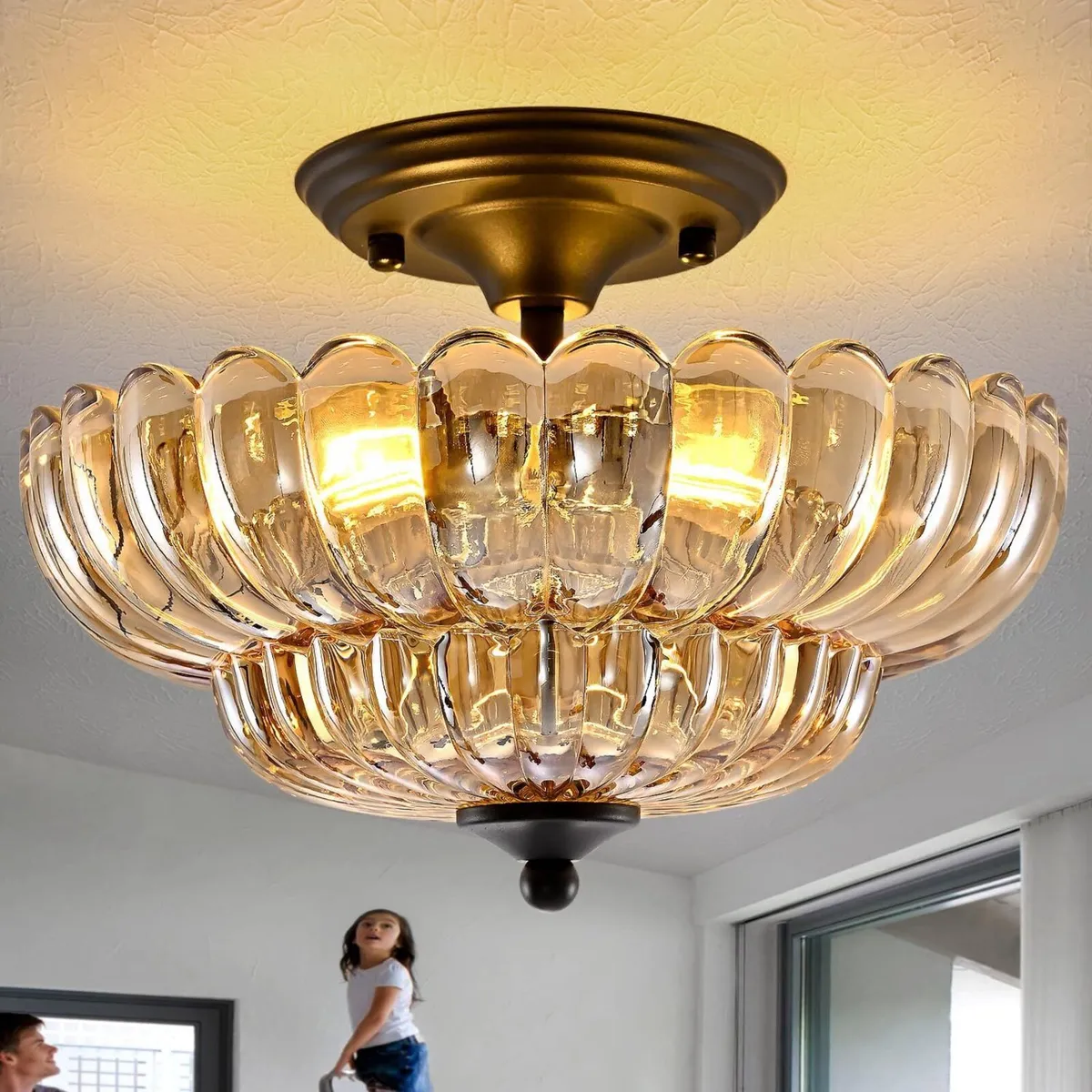 Modern Black Ceiling Light Fixture Amber Glass - Image 1