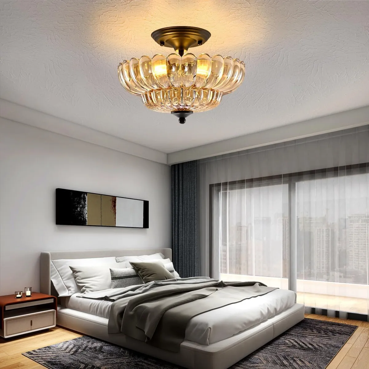 Modern Black Ceiling Light Fixture Amber Glass - Image 2