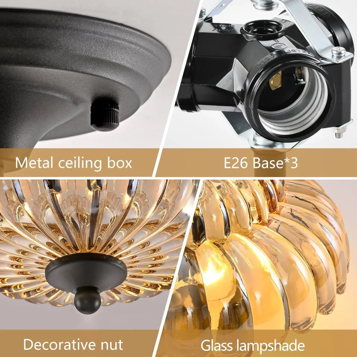 Modern Black Ceiling Light Fixture Amber Glass - Image 3