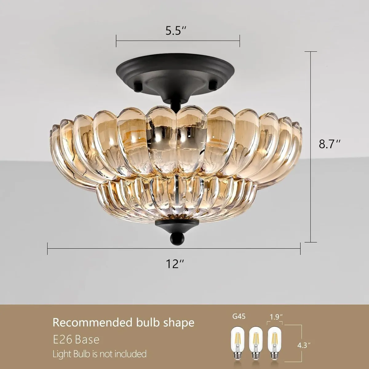 Modern Black Ceiling Light Fixture Amber Glass - Image 4