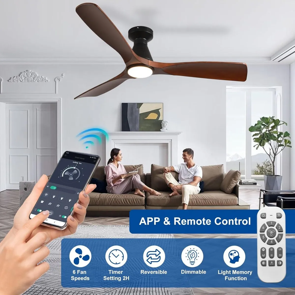 52-Inch Ceiling Fans with Lights: Walnut 3 Blade - Image 2