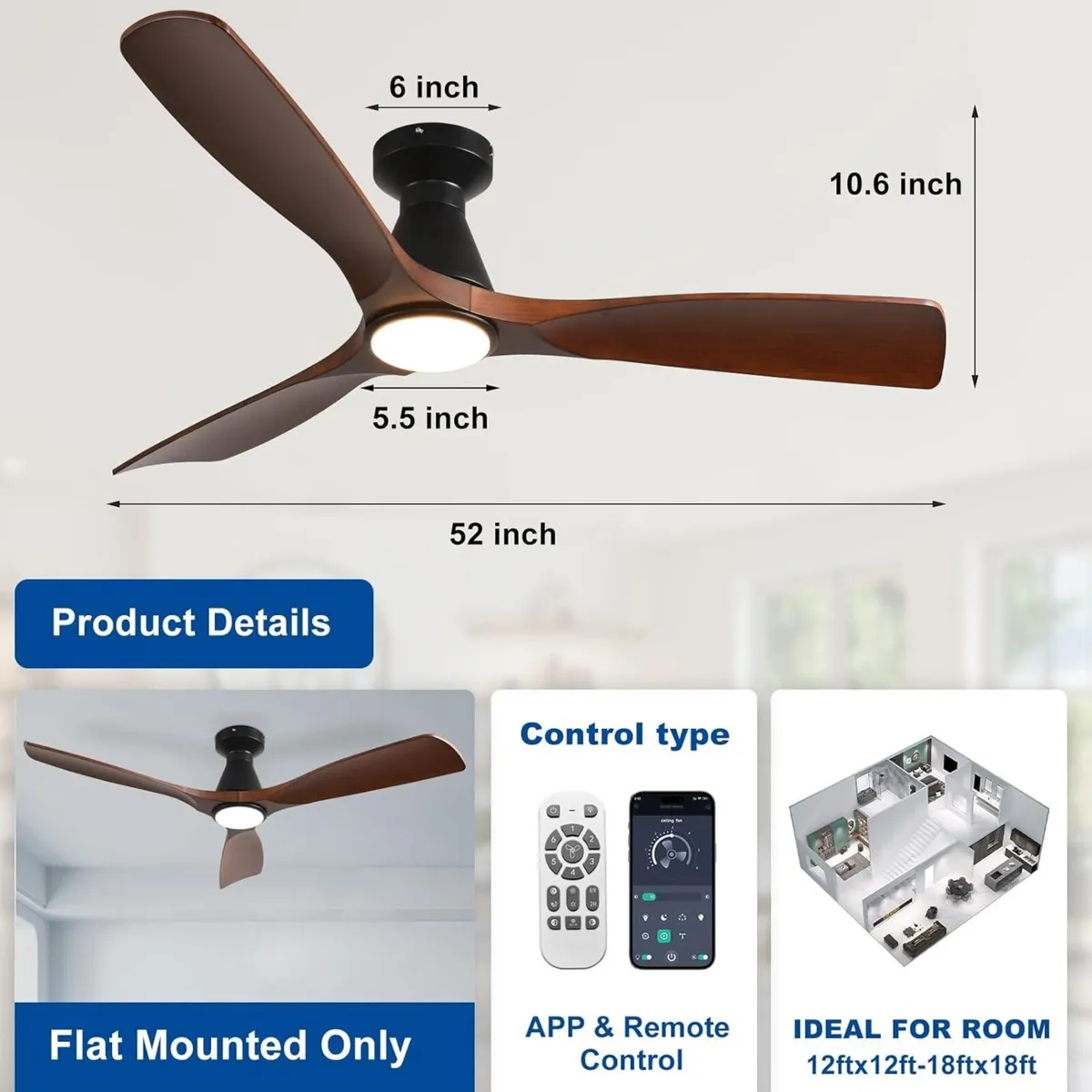 52-Inch Ceiling Fans with Lights: Walnut 3 Blade - Image 3