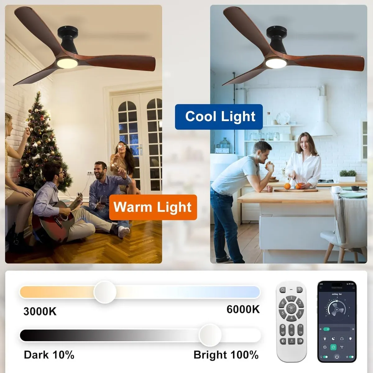 52-Inch Ceiling Fans with Lights: Walnut 3 Blade - Image 4