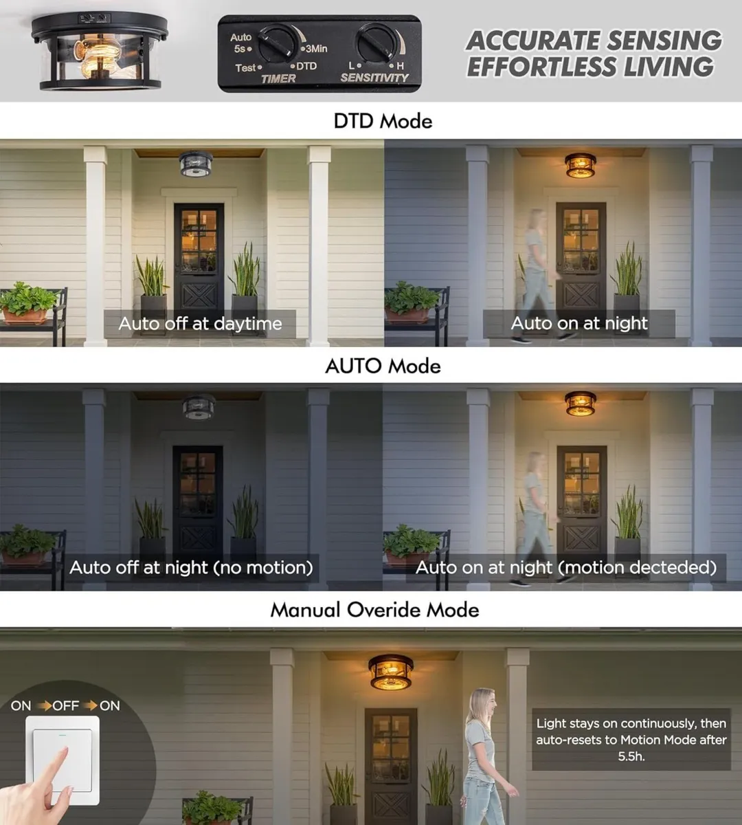 Outdoor Ceiling Lights with Motion Sensor Dusk - Image 3