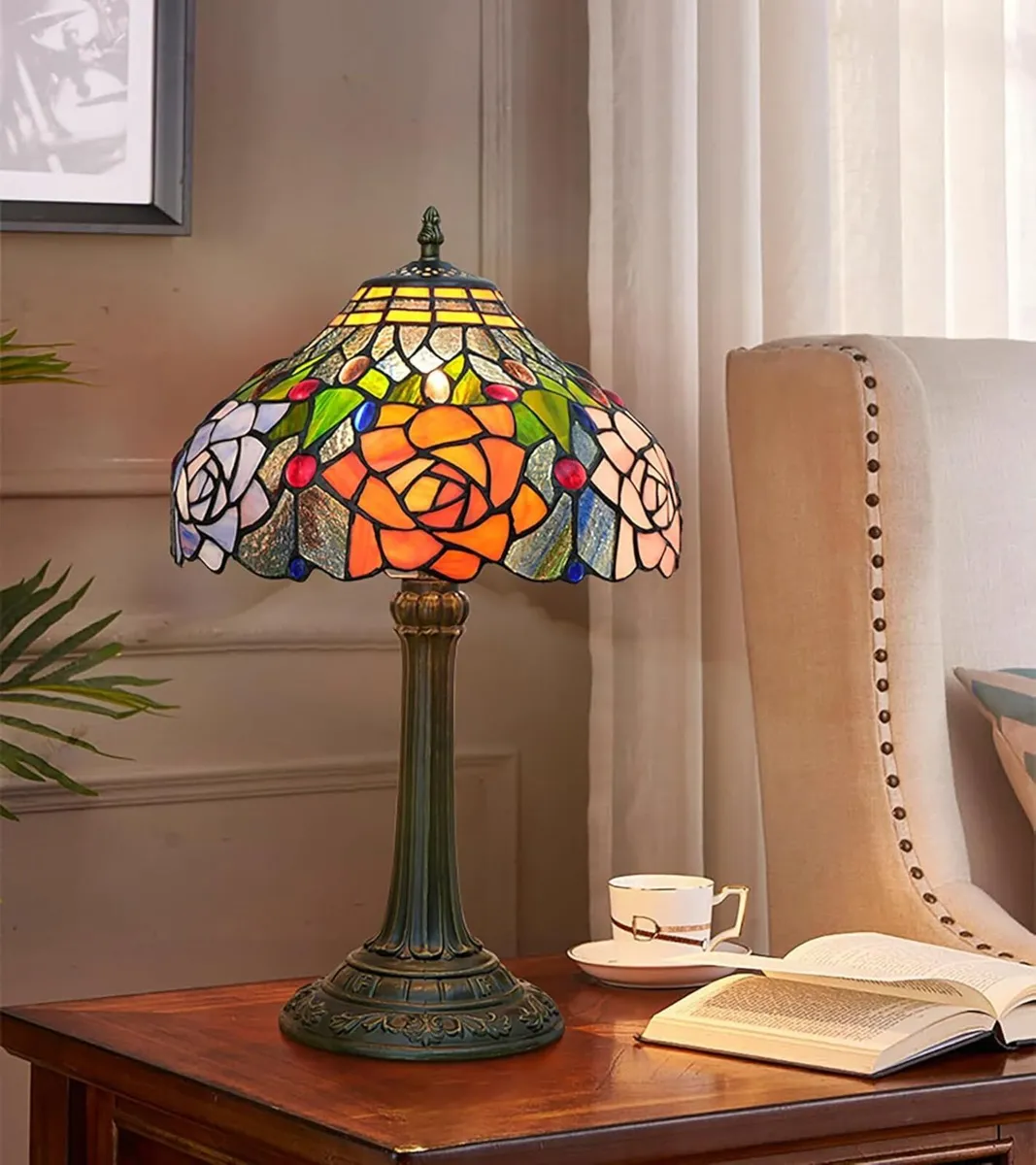 Tiffany lamp Stained Glass Red Orange Purple Pink - Image 3