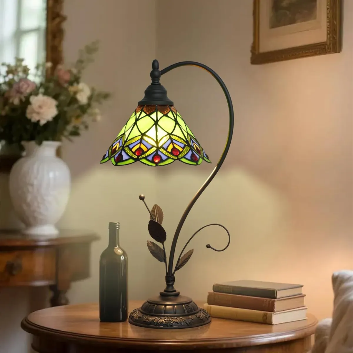 Tiffany Table Lamp Green Peacock Tail Stained - Image 3