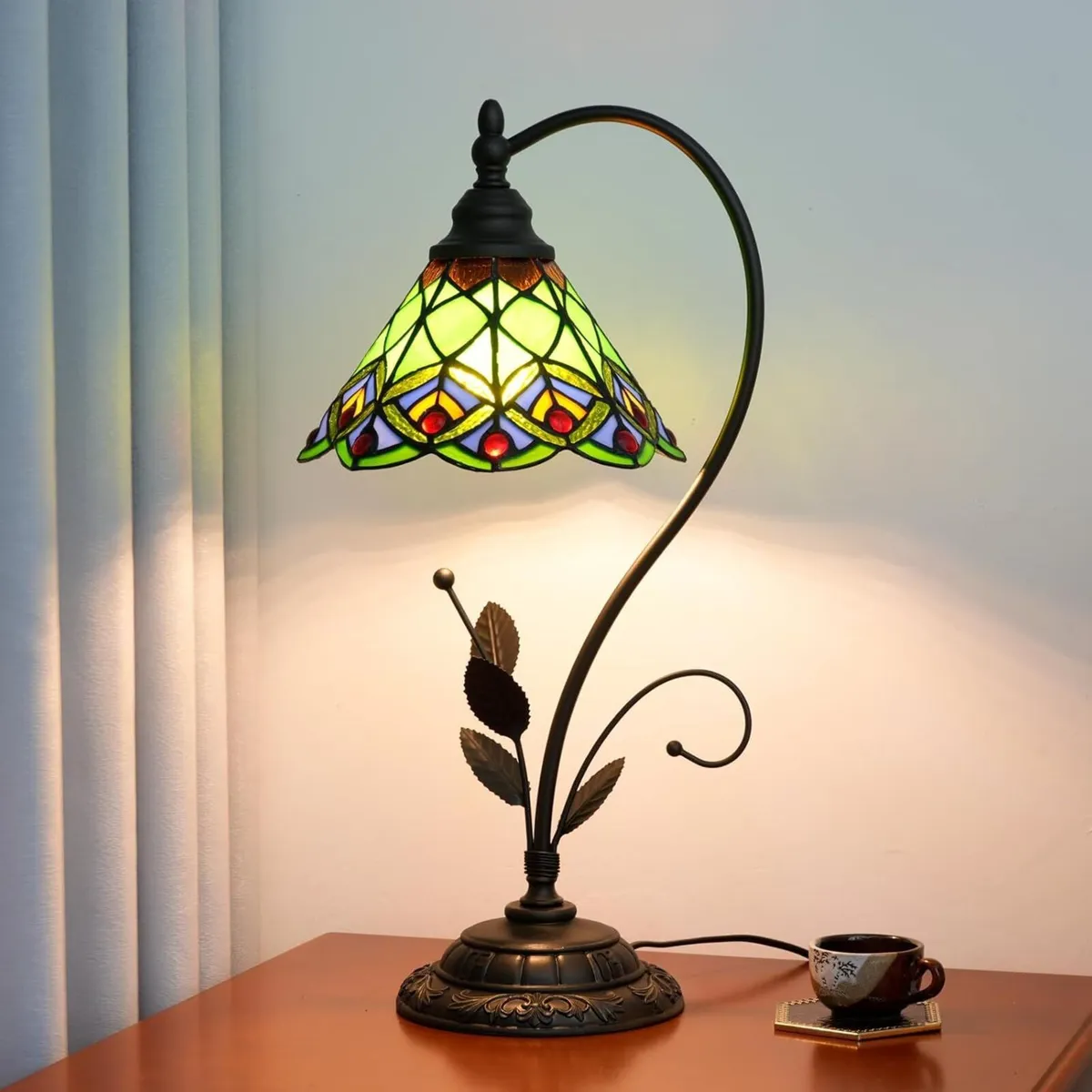 Tiffany Table Lamp Green Peacock Tail Stained - Image 4