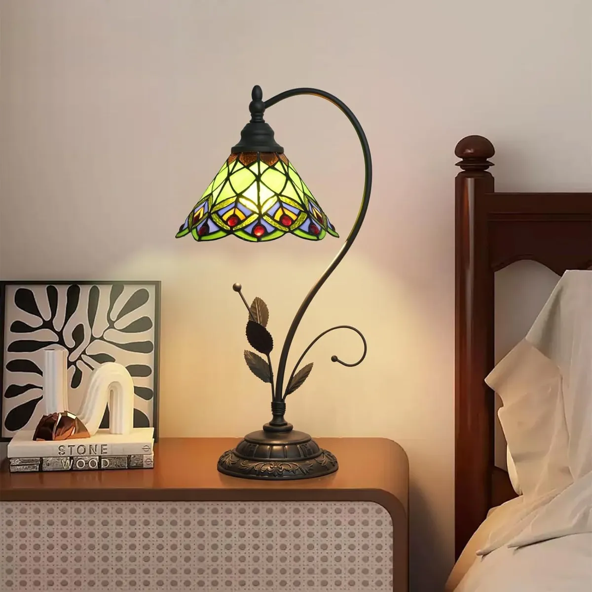 Tiffany Table Lamp Green Peacock Tail Stained - Image 1