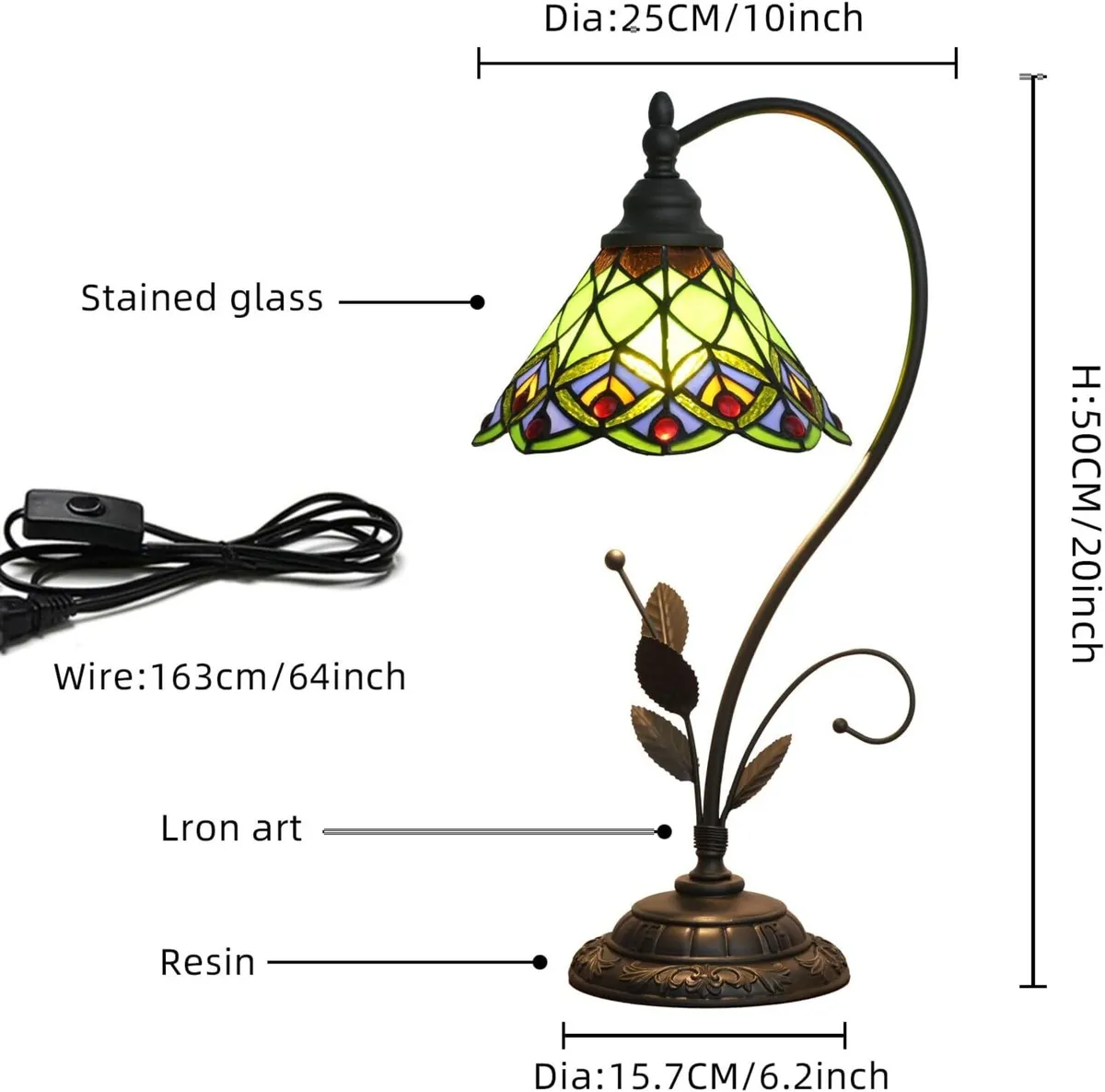 Tiffany Table Lamp Green Peacock Tail Stained - Image 2