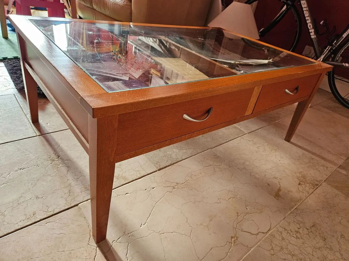 Solid Wood & Glass Coffee Table with Drawers - Image 3