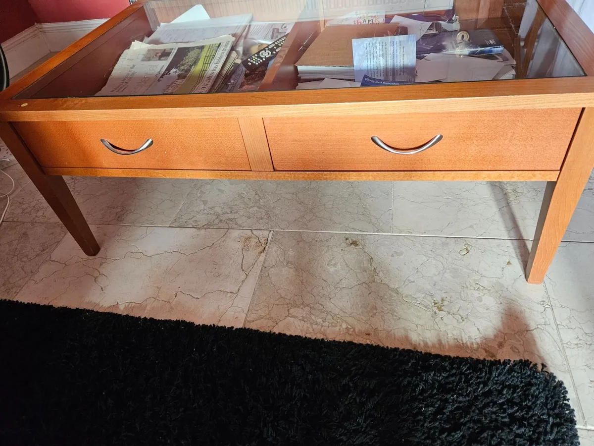 Solid Wood & Glass Coffee Table with Drawers - Image 1