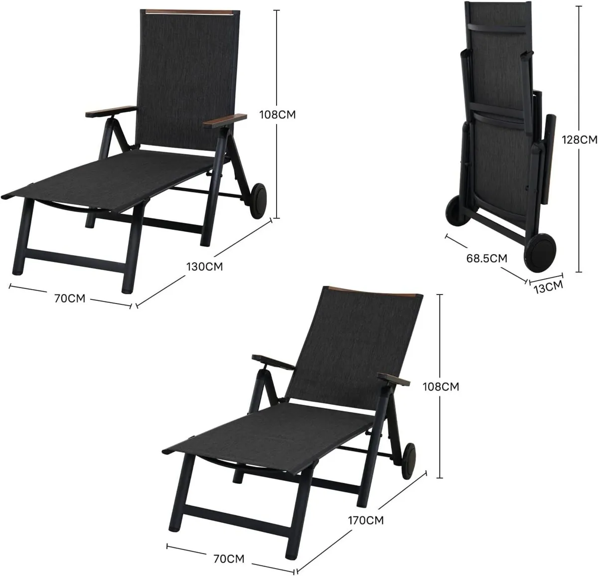 Sun Lounger with 2 Wheels Portable 6 Adjustable - Image 3