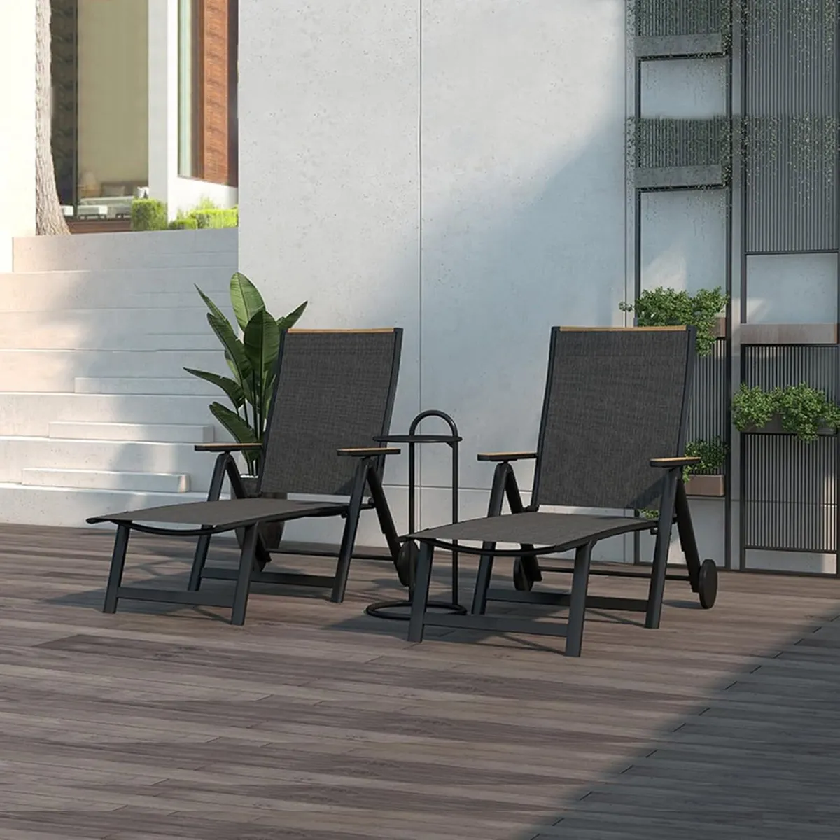 Sun Lounger with 2 Wheels Portable 6 Adjustable - Image 2