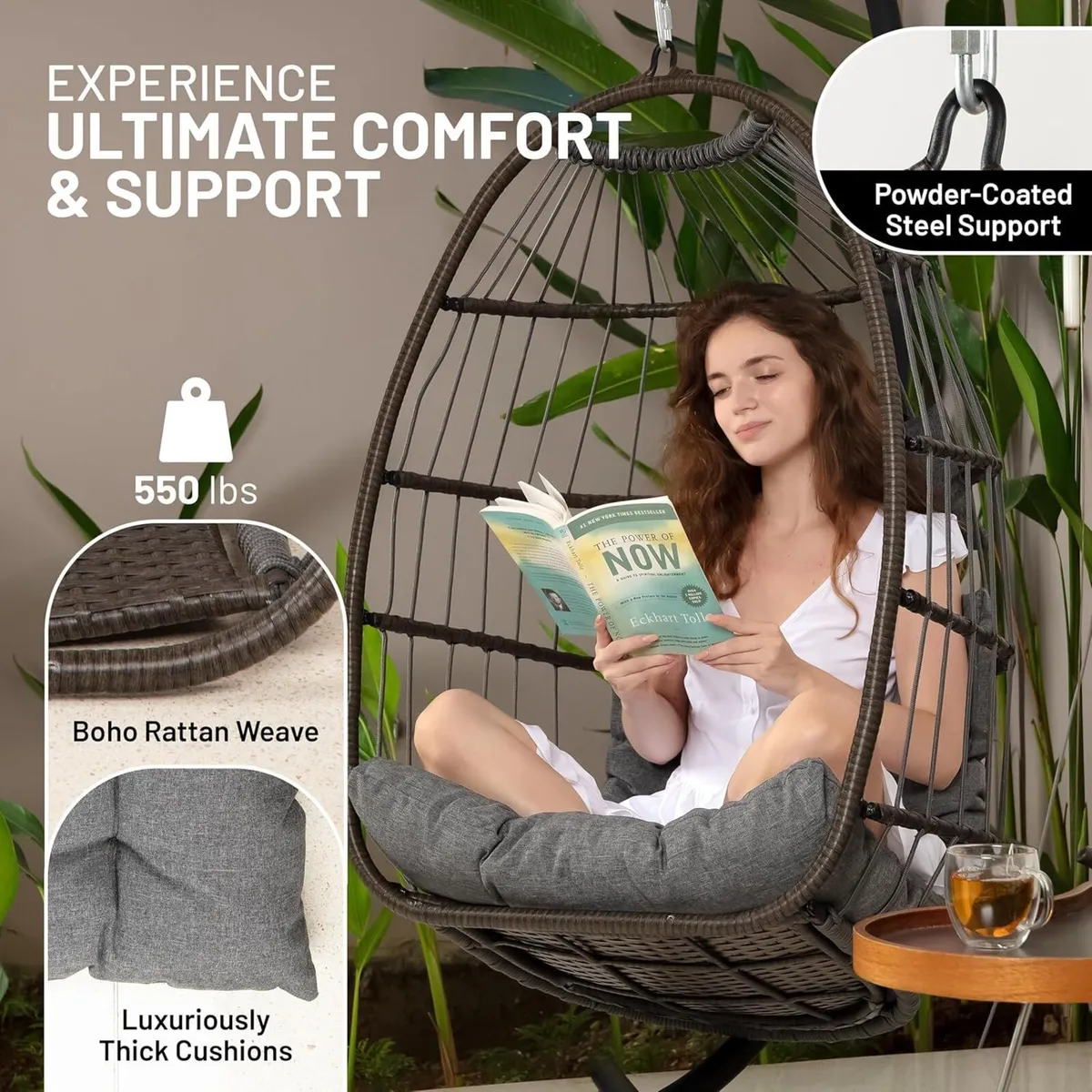 Foldable Egg Chair with Stand Hanging Rattan - Image 4