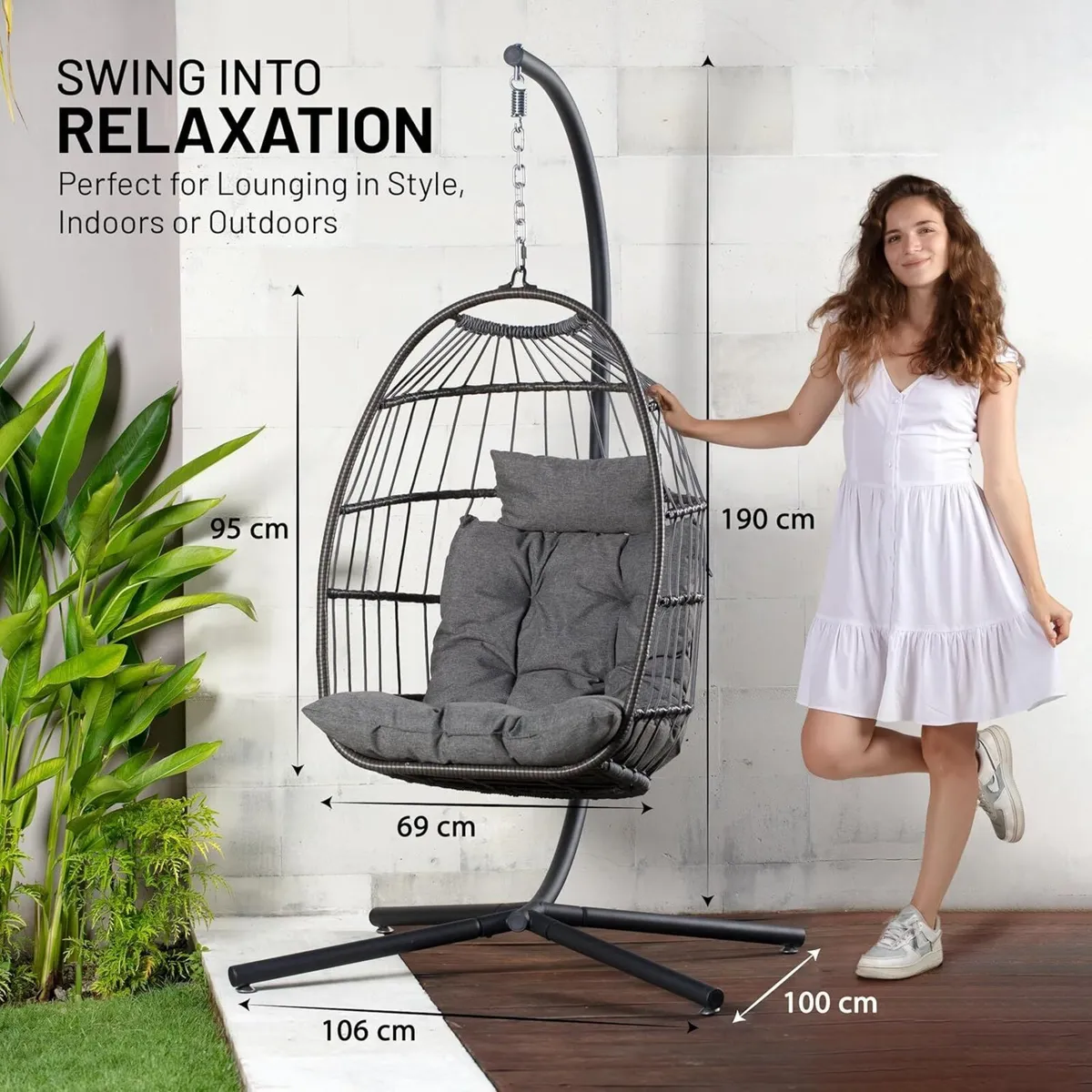 Foldable Egg Chair with Stand Hanging Rattan - Image 3