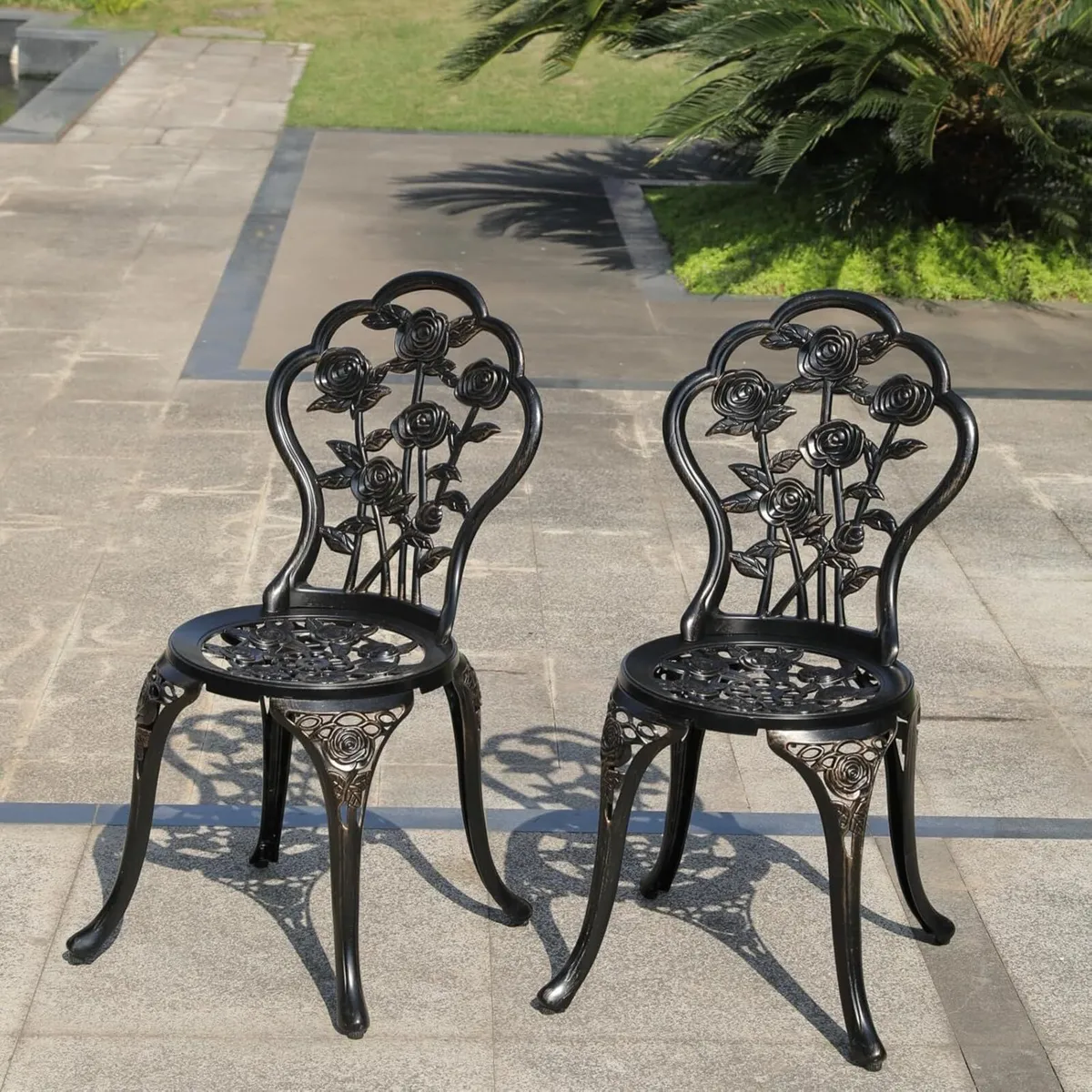 Cast Aluminium Garden Chairs Set of 2 Rose Design - Image 1