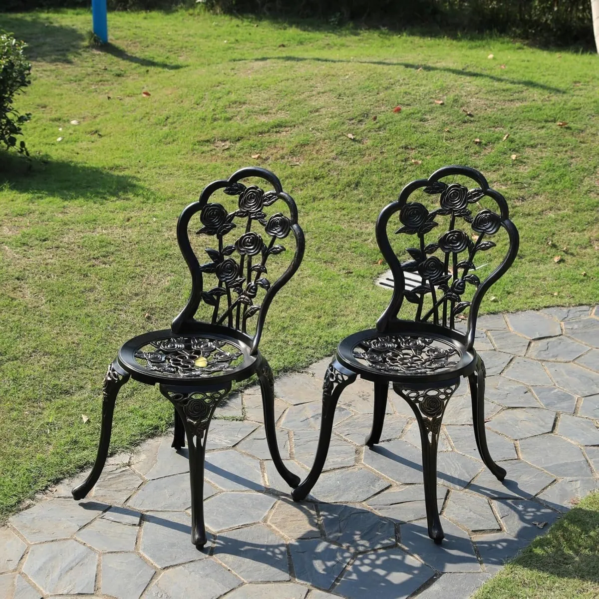 Cast Aluminium Garden Chairs Set of 2 Rose Design - Image 4