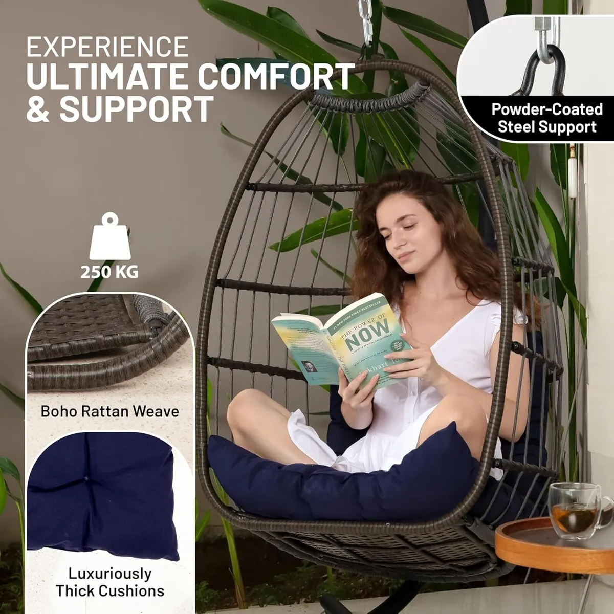 Foldable Egg Chair with Stand Rattan Wicker - Image 4