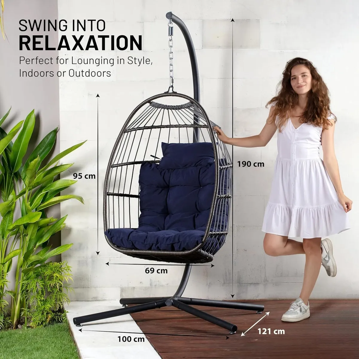 Foldable Egg Chair with Stand Rattan Wicker - Image 3
