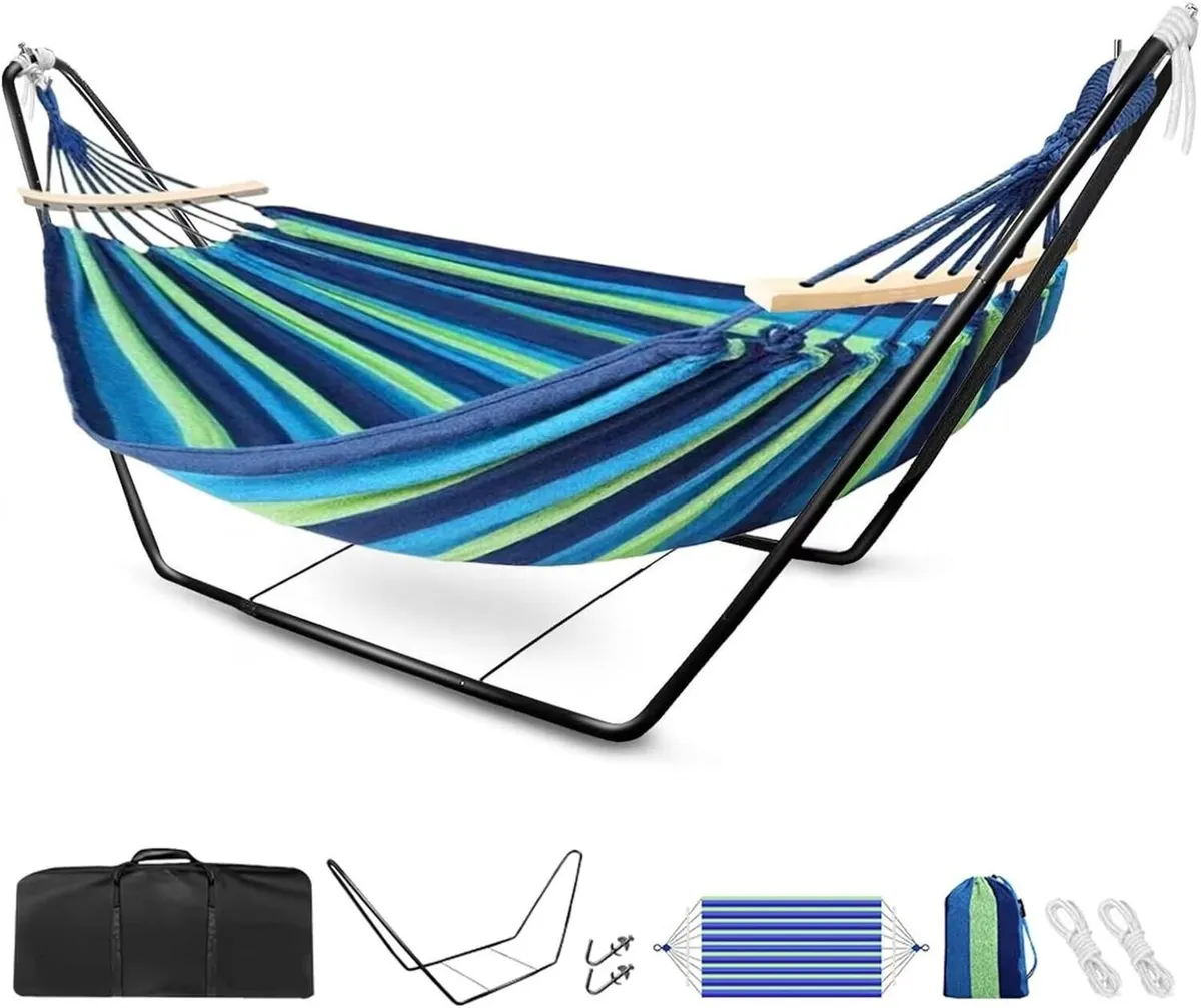Hammock with Stand Double Cotton Adjustable Steel - Image 1