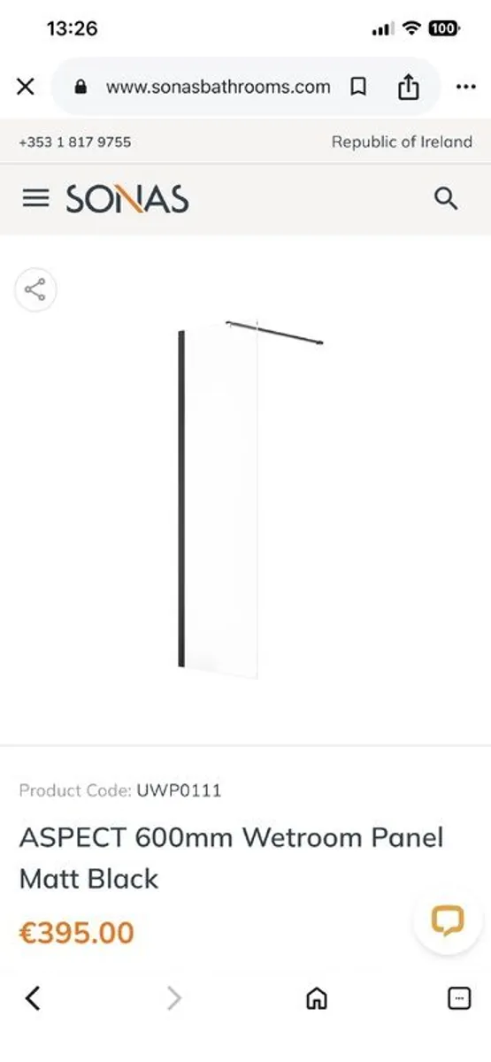 Sonas Aspect Black Frame Wetroom Panel 600mm