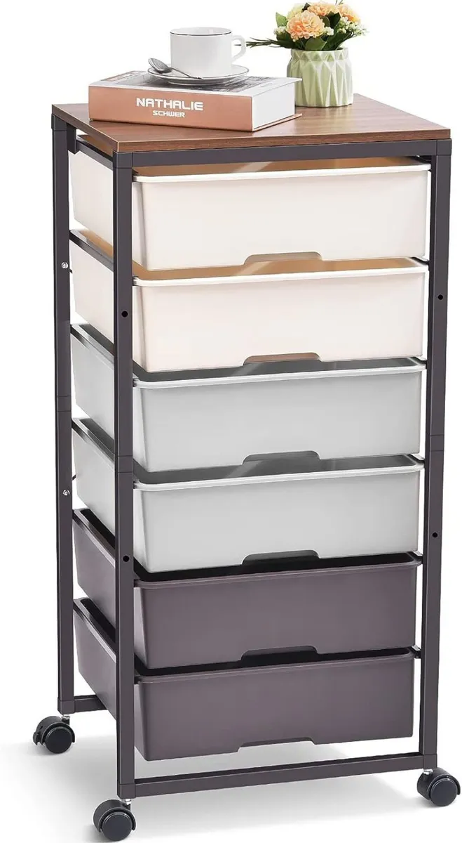6-Drawer Rolling Storage Cart with Wooden Tabletop - Image 2