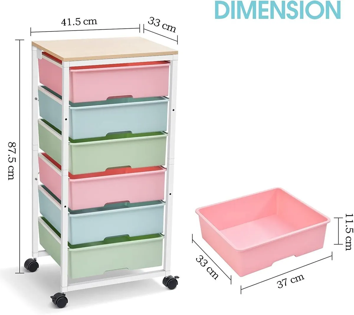 6-Drawer Rolling Storage Cart with Wooden Tabletop - Image 3
