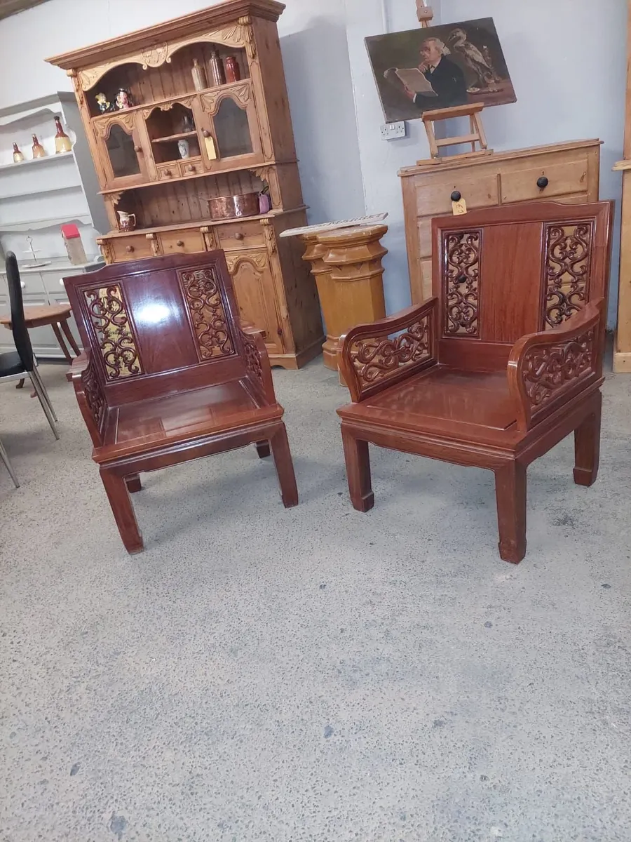 Pair vintage oak Chinese chairs - Image 3