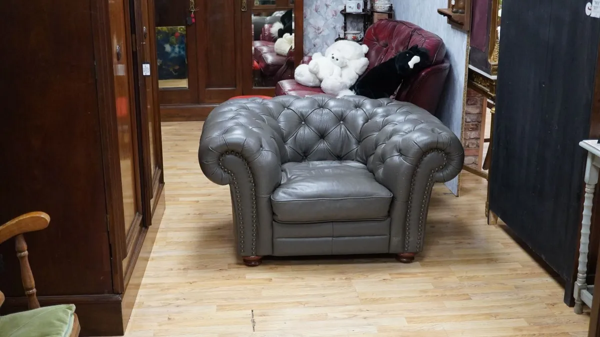 Oversized Grey Leather Chesterfield Armchair - Image 1