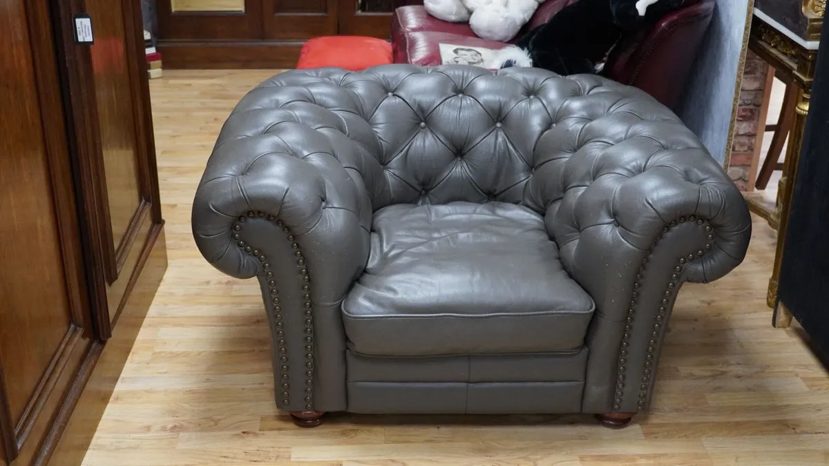 Oversized Grey Leather Chesterfield Armchair - Image 2