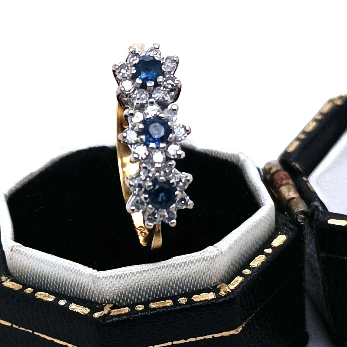 3 Daisies Diamond & Sapphire Ring, 18k Yellow Gold - Image 1