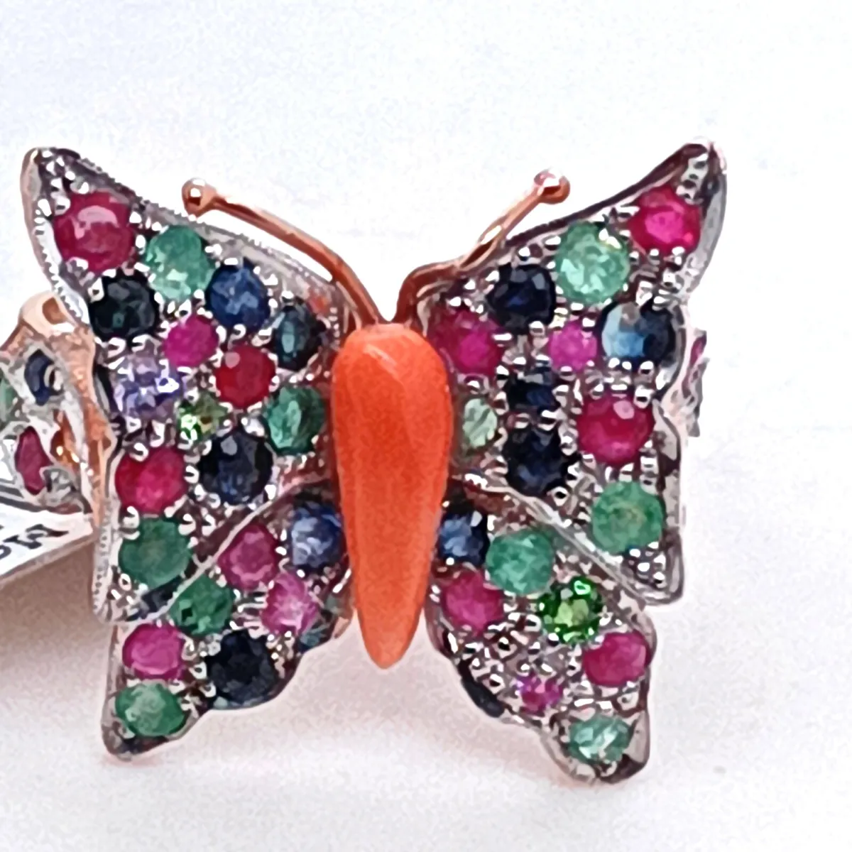 9k Gold Emerald Sapphire Ruby Coral Butterfly Ring - Image 2