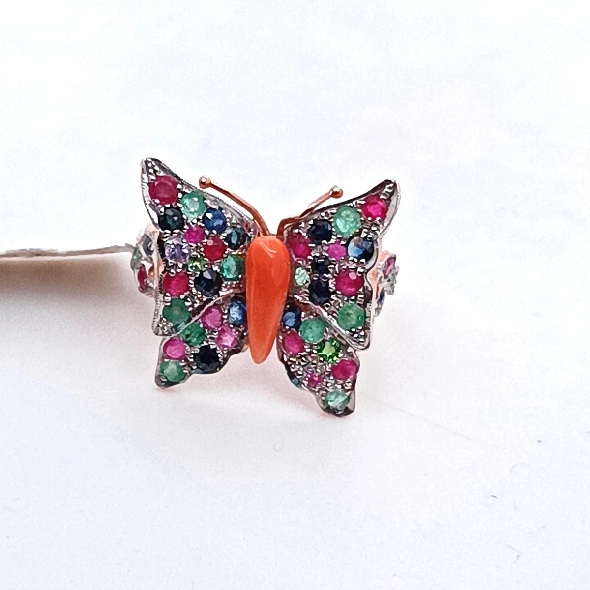 9k Gold Emerald Sapphire Ruby Coral Butterfly Ring - Image 3