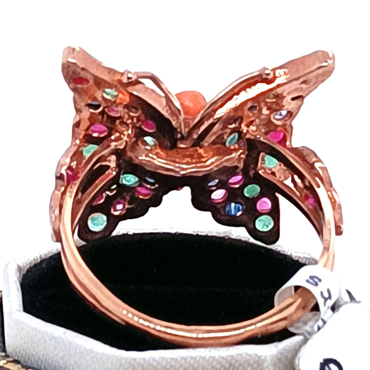 9k Gold Emerald Sapphire Ruby Coral Butterfly Ring - Image 4