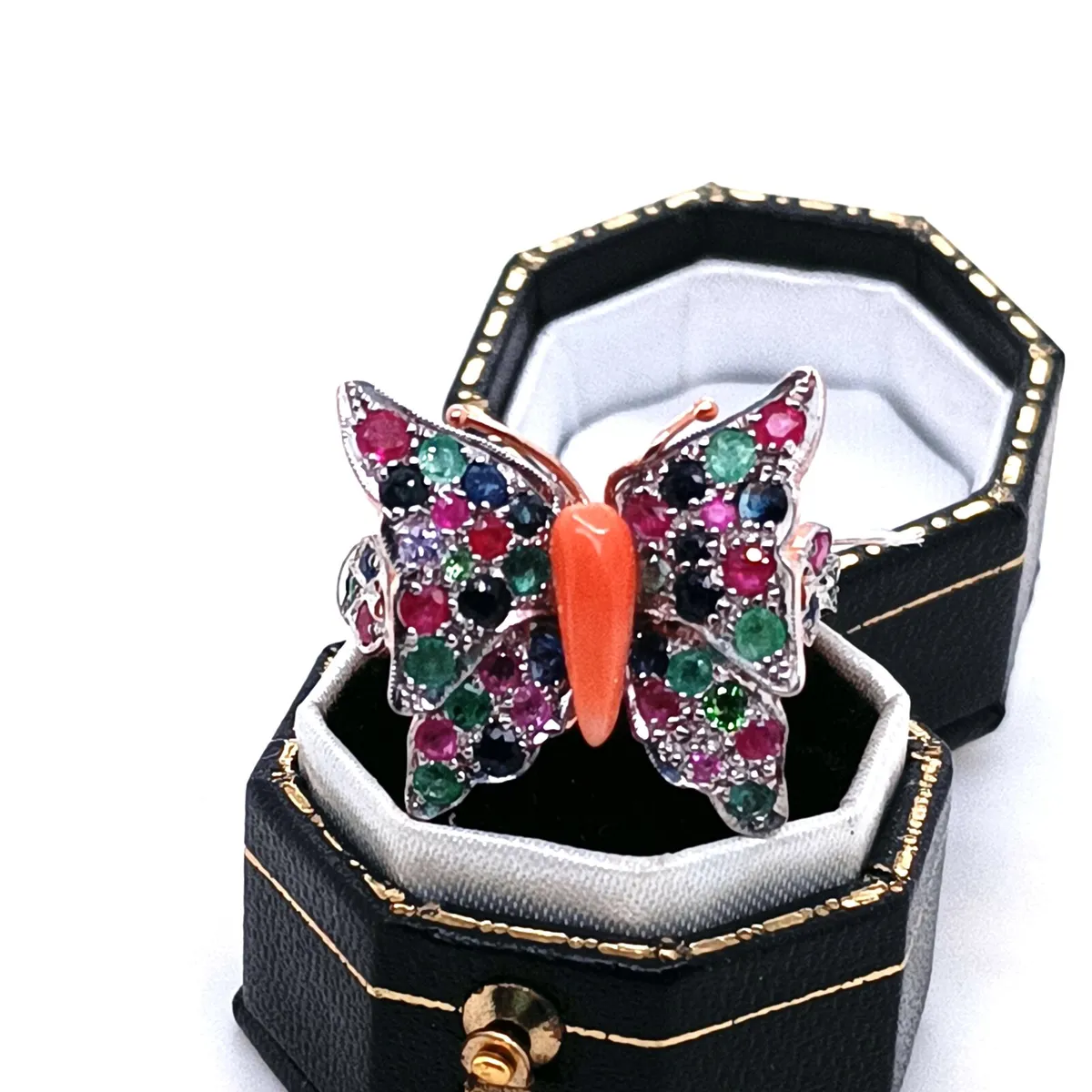 9k Gold Emerald Sapphire Ruby Coral Butterfly Ring - Image 1