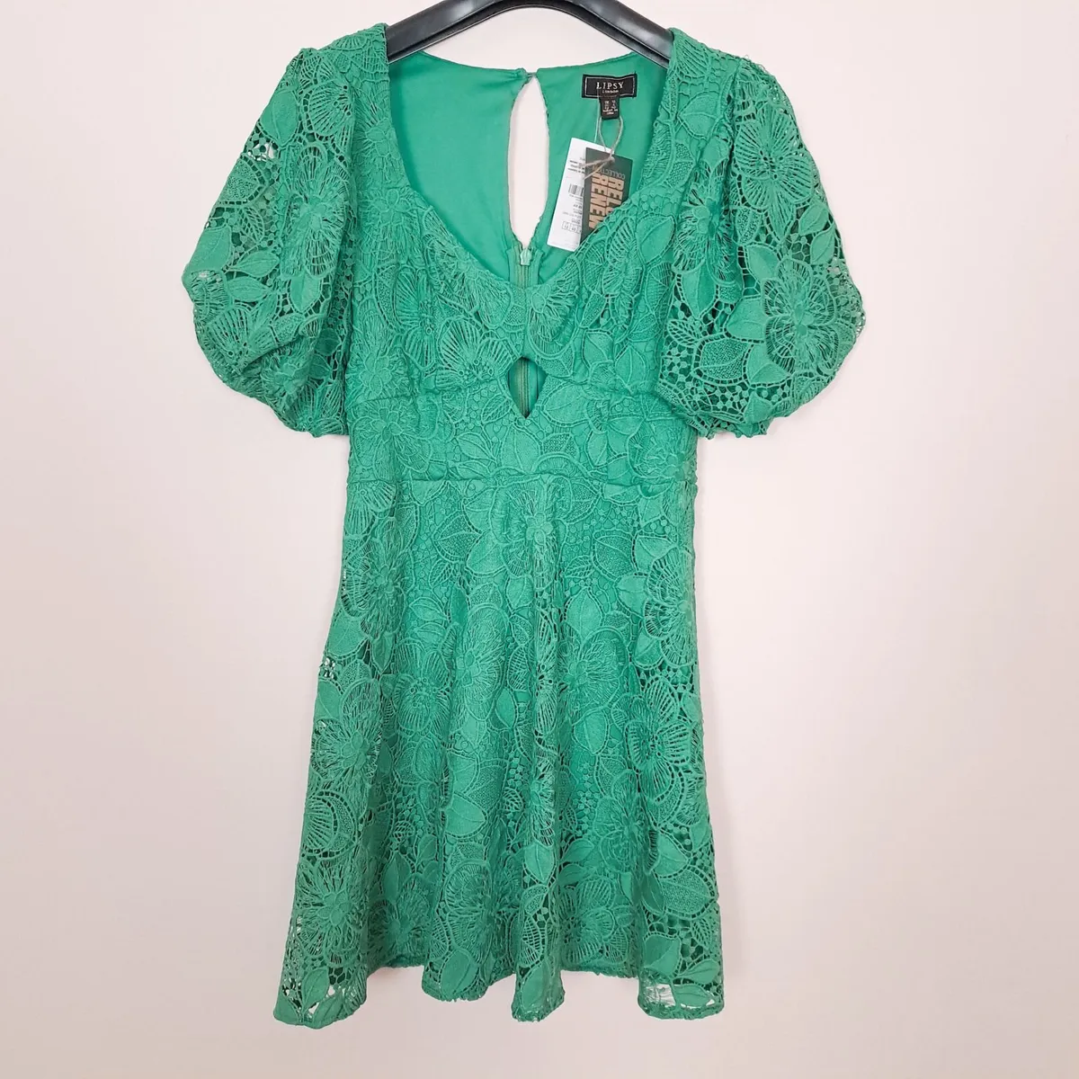 Lipsy Green Floral Guipure Lace Mini Dress 12UK - Image 2