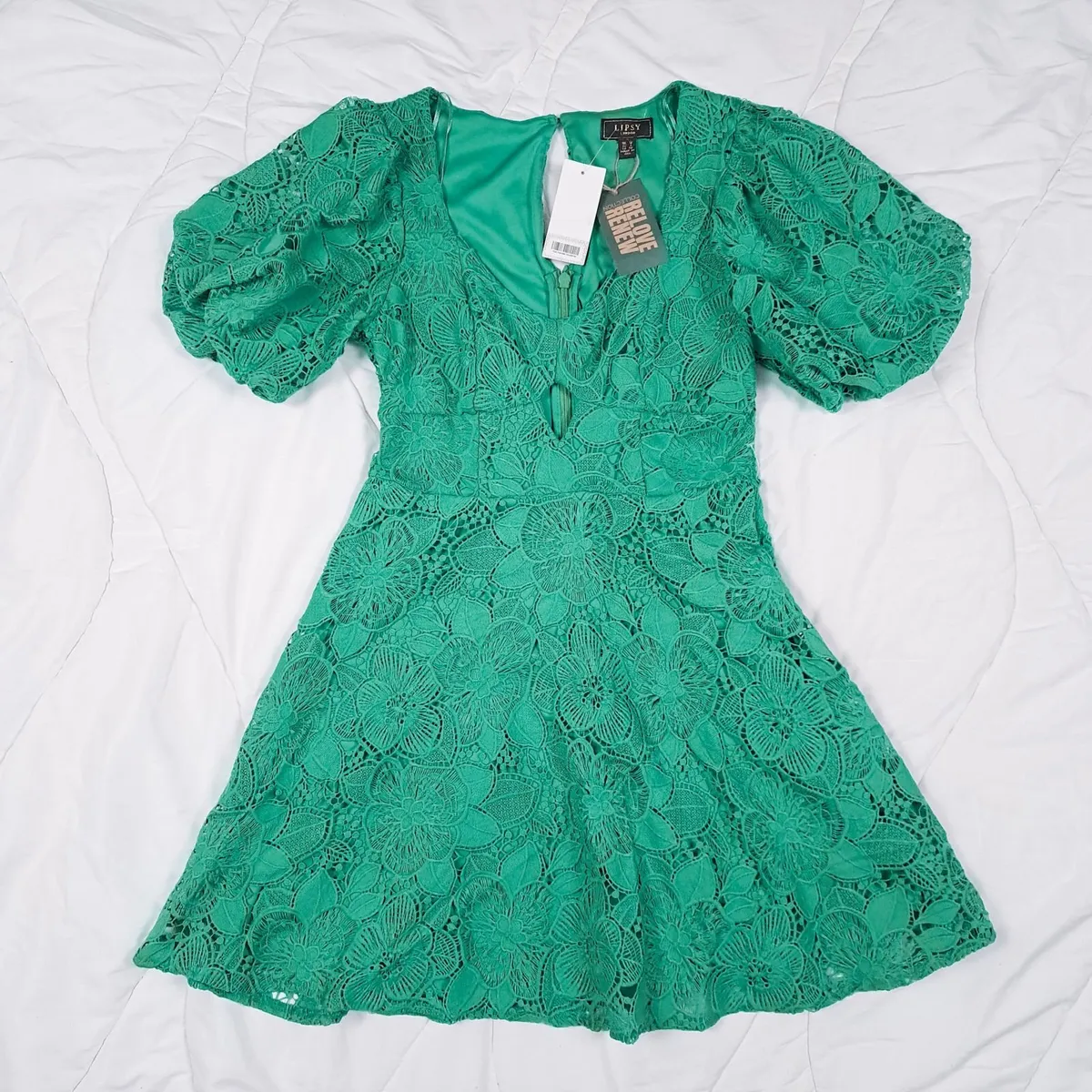Lipsy Green Floral Guipure Lace Mini Dress 12UK - Image 1