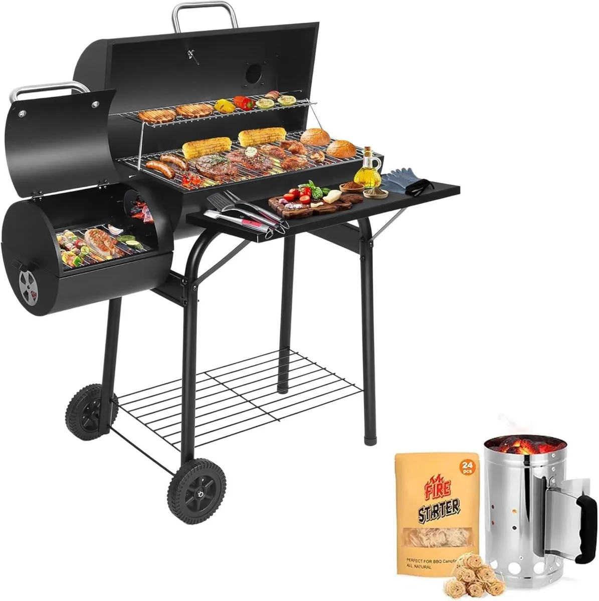 Charcoal BBQ Offset Smoker Grill with Starter - Image 1