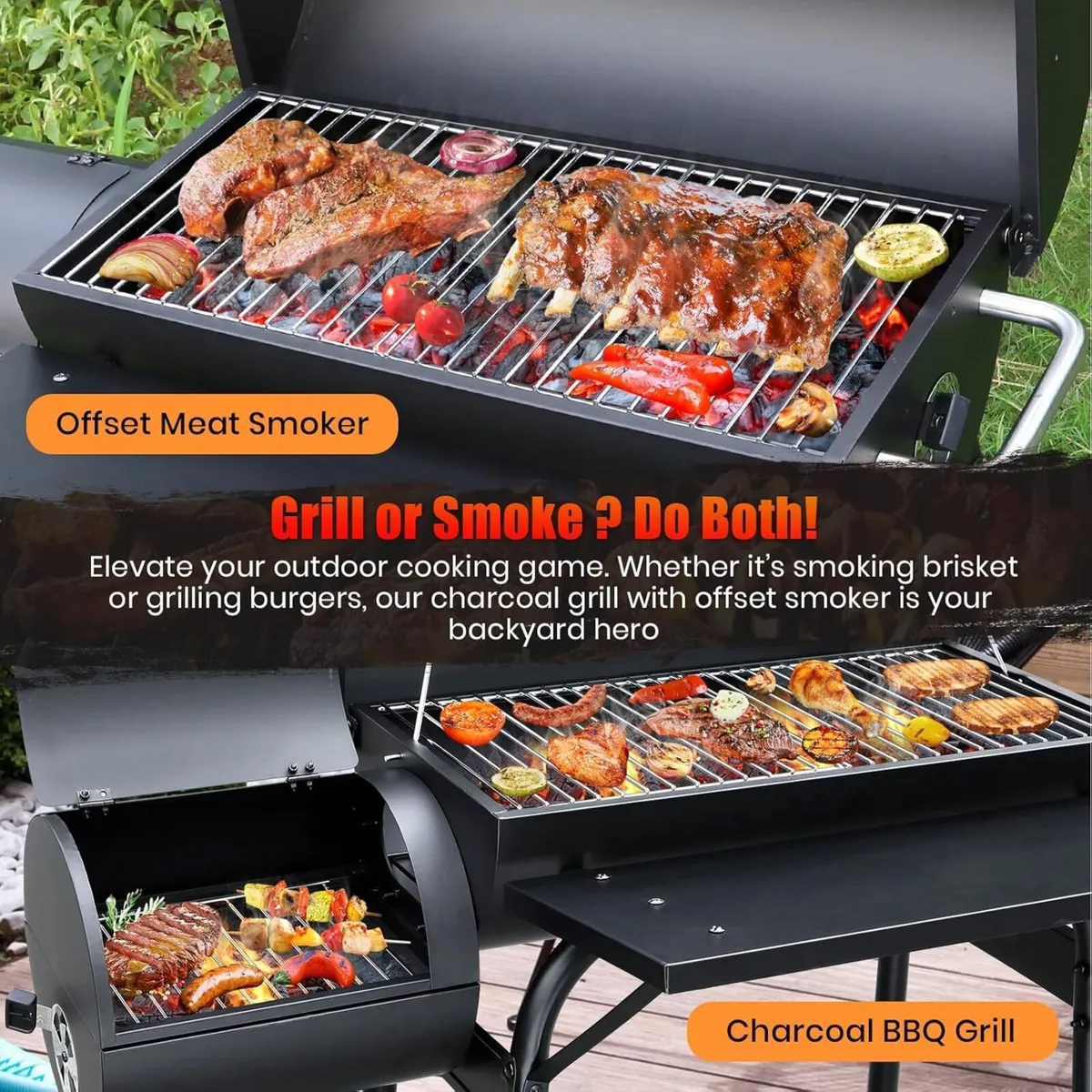 Charcoal BBQ Offset Smoker Grill with Starter - Image 2